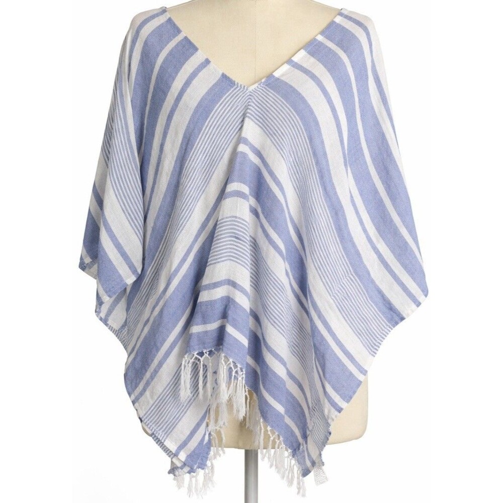 Mud Pie Blue White Striped Cotton Poncho Top One Size Fringe Beach Cover